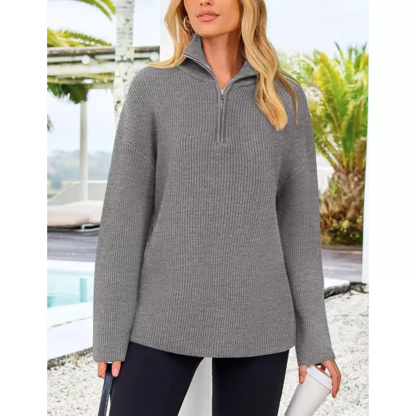 imagePRETTYGARDEN Womens 2024 Fall Chunky Knit Sweaters Long Sleeve Collared Quarter Zip Pullover Jumper TopsGrey