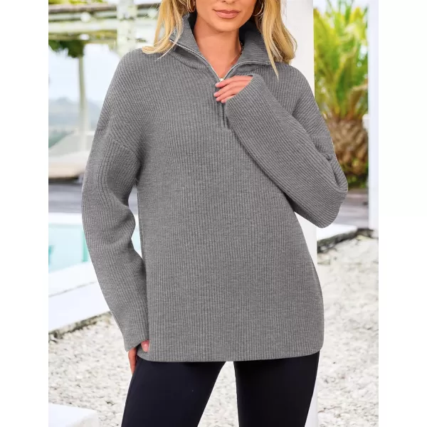 imagePRETTYGARDEN Womens 2024 Fall Chunky Knit Sweaters Long Sleeve Collared Quarter Zip Pullover Jumper TopsGrey