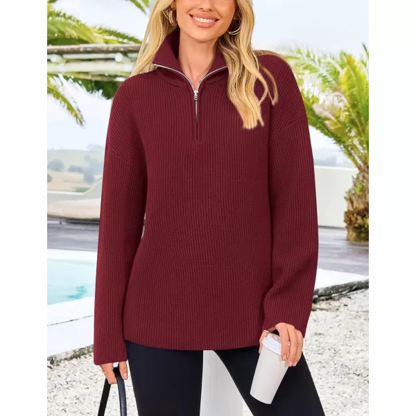 imagePRETTYGARDEN Womens 2024 Fall Chunky Knit Sweaters Long Sleeve Collared Quarter Zip Pullover Jumper TopsWine Red