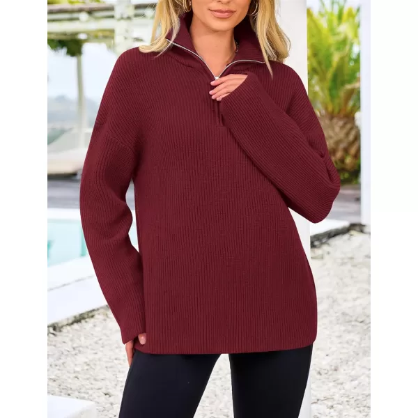 imagePRETTYGARDEN Womens 2024 Fall Chunky Knit Sweaters Long Sleeve Collared Quarter Zip Pullover Jumper TopsWine Red