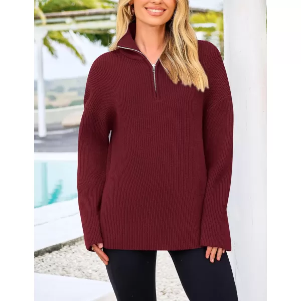 imagePRETTYGARDEN Womens 2024 Fall Chunky Knit Sweaters Long Sleeve Collared Quarter Zip Pullover Jumper TopsWine Red