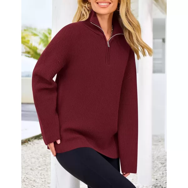 imagePRETTYGARDEN Womens 2024 Fall Chunky Knit Sweaters Long Sleeve Collared Quarter Zip Pullover Jumper TopsWine Red