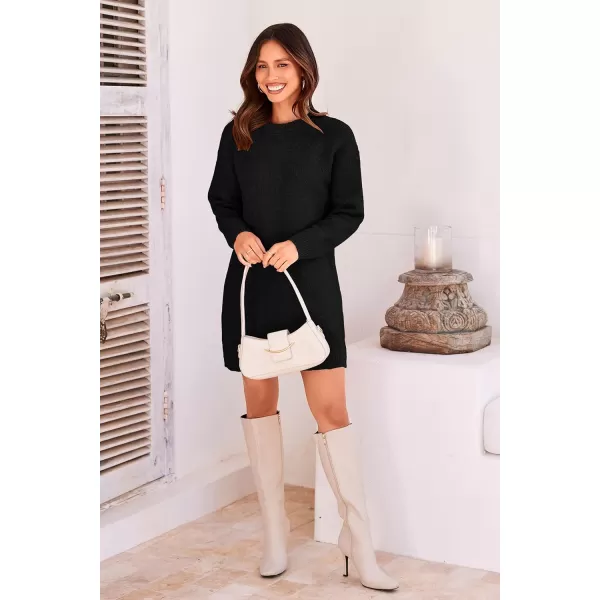 imagePRETTYGARDEN Womens 2024 Fall Knit Pullover Sweaters Long Sleeve Crewneck Oversized Loose Short Sweater DressBlack