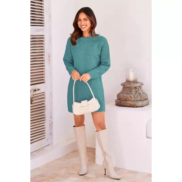 imagePRETTYGARDEN Womens 2024 Fall Knit Pullover Sweaters Long Sleeve Crewneck Oversized Loose Short Sweater DressBlue Green