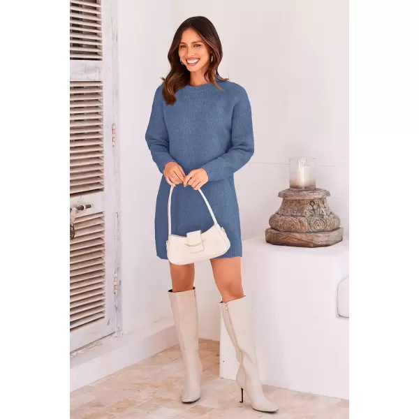 imagePRETTYGARDEN Womens 2024 Fall Knit Pullover Sweaters Long Sleeve Crewneck Oversized Loose Short Sweater DressGrey Blue