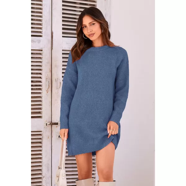 imagePRETTYGARDEN Womens 2024 Fall Knit Pullover Sweaters Long Sleeve Crewneck Oversized Loose Short Sweater DressGrey Blue