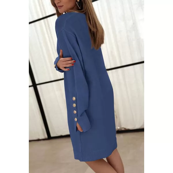 imagePRETTYGARDEN Womens 2024 Fall Sweater Dress Crewneck Long Sleeve Pullover Sweaters Casual Cute Loose Fit Knit Short DressesBlue