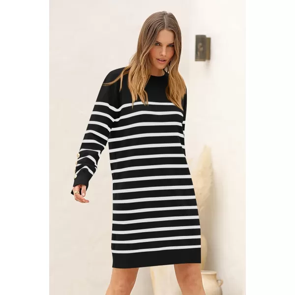 imagePRETTYGARDEN Womens 2024 Fall Sweater Dress Crewneck Long Sleeve Pullover Sweaters Casual Cute Loose Fit Knit Short DressesStriped Black