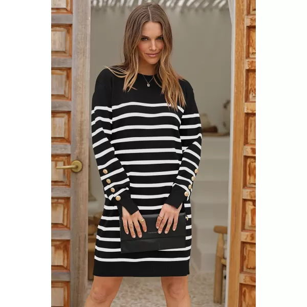 imagePRETTYGARDEN Womens 2024 Fall Sweater Dress Crewneck Long Sleeve Pullover Sweaters Casual Cute Loose Fit Knit Short DressesStriped Black