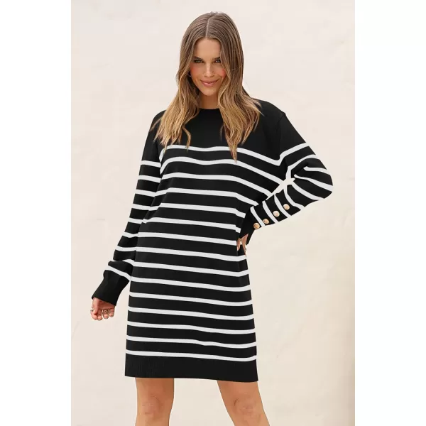imagePRETTYGARDEN Womens 2024 Fall Sweater Dress Crewneck Long Sleeve Pullover Sweaters Casual Cute Loose Fit Knit Short DressesStriped Black