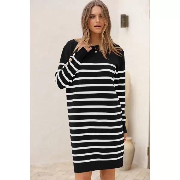 imagePRETTYGARDEN Womens 2024 Fall Sweater Dress Crewneck Long Sleeve Pullover Sweaters Casual Cute Loose Fit Knit Short DressesStriped Black