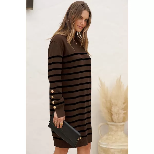 imagePRETTYGARDEN Womens 2024 Fall Sweater Dress Crewneck Long Sleeve Pullover Sweaters Casual Cute Loose Fit Knit Short DressesStriped Brown