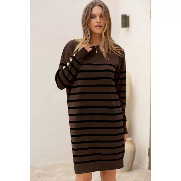 imagePRETTYGARDEN Womens 2024 Fall Sweater Dress Crewneck Long Sleeve Pullover Sweaters Casual Cute Loose Fit Knit Short DressesStriped Brown