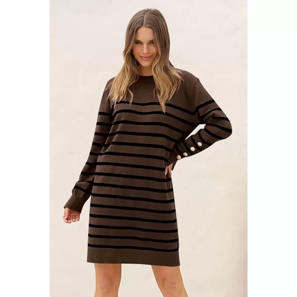 imagePRETTYGARDEN Womens 2024 Fall Sweater Dress Crewneck Long Sleeve Pullover Sweaters Casual Cute Loose Fit Knit Short DressesStriped Brown
