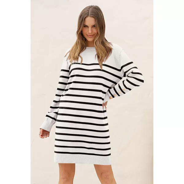 imagePRETTYGARDEN Womens 2024 Fall Sweater Dress Crewneck Long Sleeve Pullover Sweaters Casual Cute Loose Fit Knit Short DressesStriped White