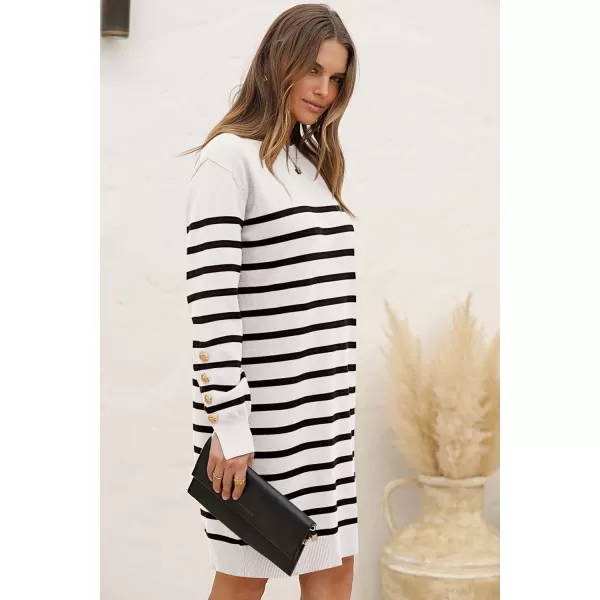 imagePRETTYGARDEN Womens 2024 Fall Sweater Dress Crewneck Long Sleeve Pullover Sweaters Casual Cute Loose Fit Knit Short DressesStriped White