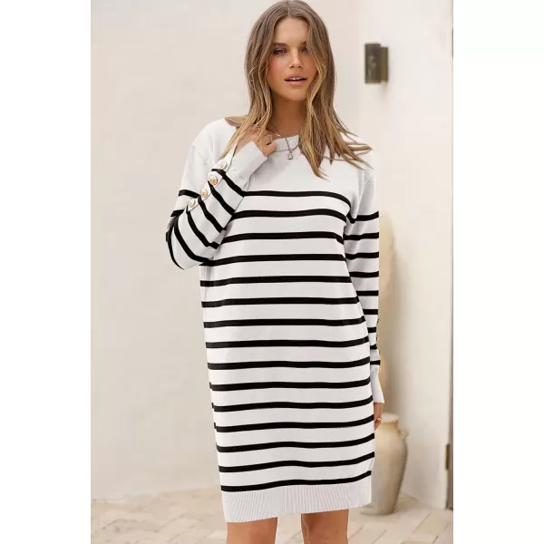 imagePRETTYGARDEN Womens 2024 Fall Sweater Dress Crewneck Long Sleeve Pullover Sweaters Casual Cute Loose Fit Knit Short DressesStriped White