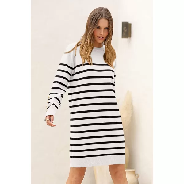 imagePRETTYGARDEN Womens 2024 Fall Sweater Dress Crewneck Long Sleeve Pullover Sweaters Casual Cute Loose Fit Knit Short DressesStriped White