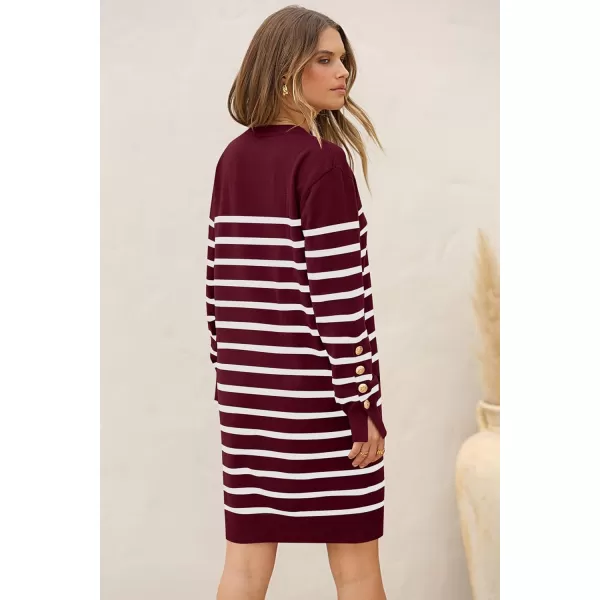 imagePRETTYGARDEN Womens 2024 Fall Sweater Dress Crewneck Long Sleeve Pullover Sweaters Casual Cute Loose Fit Knit Short DressesStriped Wine Red