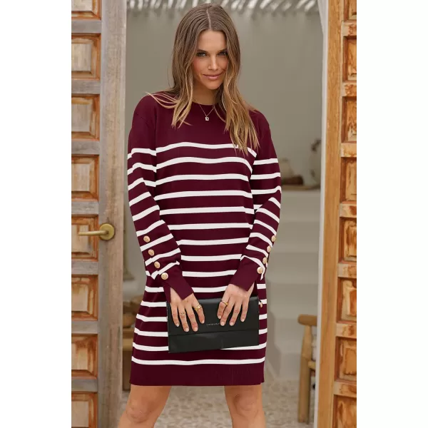 imagePRETTYGARDEN Womens 2024 Fall Sweater Dress Crewneck Long Sleeve Pullover Sweaters Casual Cute Loose Fit Knit Short DressesStriped Wine Red