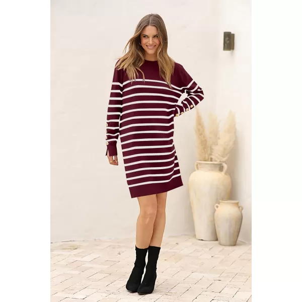 imagePRETTYGARDEN Womens 2024 Fall Sweater Dress Crewneck Long Sleeve Pullover Sweaters Casual Cute Loose Fit Knit Short DressesStriped Wine Red