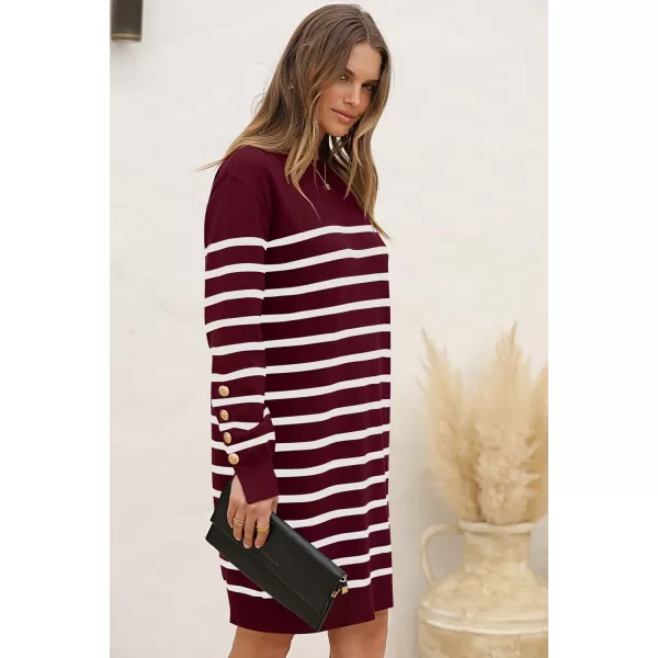 imagePRETTYGARDEN Womens 2024 Fall Sweater Dress Crewneck Long Sleeve Pullover Sweaters Casual Cute Loose Fit Knit Short DressesStriped Wine Red