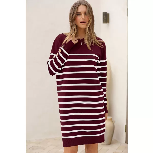 imagePRETTYGARDEN Womens 2024 Fall Sweater Dress Crewneck Long Sleeve Pullover Sweaters Casual Cute Loose Fit Knit Short DressesStriped Wine Red