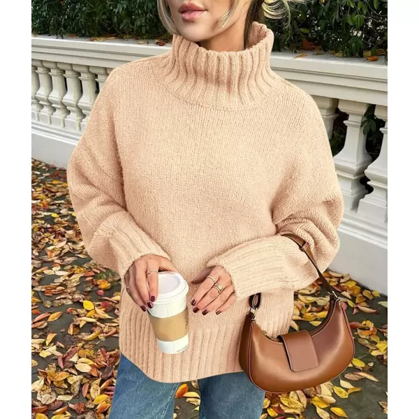 imagePRETTYGARDEN Womens Fall Clothes Pullover Oversized Sweaters Casual Long Sleeve Chunky Cable Knit Turtleneck TopsBeige