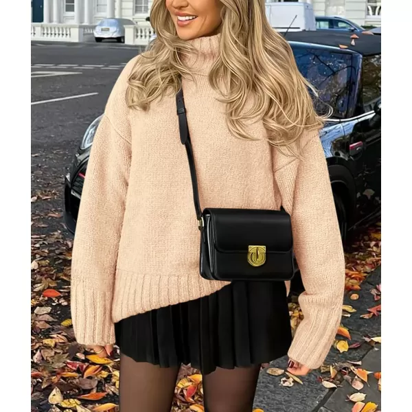 imagePRETTYGARDEN Womens Fall Clothes Pullover Oversized Sweaters Casual Long Sleeve Chunky Cable Knit Turtleneck TopsBeige