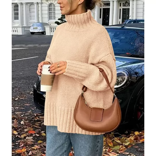 imagePRETTYGARDEN Womens Fall Clothes Pullover Oversized Sweaters Casual Long Sleeve Chunky Cable Knit Turtleneck TopsBeige
