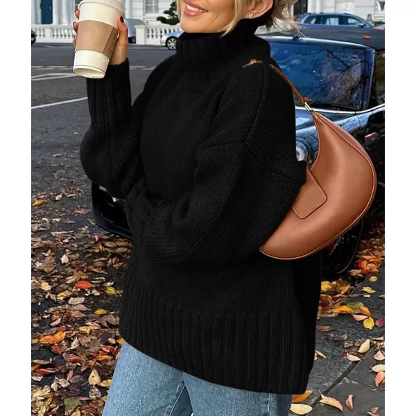 imagePRETTYGARDEN Womens Fall Clothes Pullover Oversized Sweaters Casual Long Sleeve Chunky Cable Knit Turtleneck TopsBlack