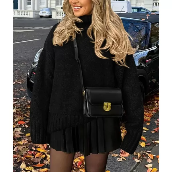 imagePRETTYGARDEN Womens Fall Clothes Pullover Oversized Sweaters Casual Long Sleeve Chunky Cable Knit Turtleneck TopsBlack
