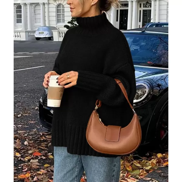 imagePRETTYGARDEN Womens Fall Clothes Pullover Oversized Sweaters Casual Long Sleeve Chunky Cable Knit Turtleneck TopsBlack