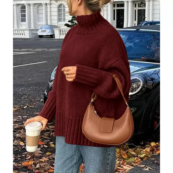 imagePRETTYGARDEN Womens Fall Clothes Pullover Oversized Sweaters Casual Long Sleeve Chunky Cable Knit Turtleneck TopsDark Wine Red
