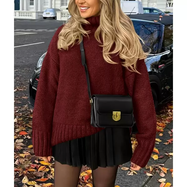 imagePRETTYGARDEN Womens Fall Clothes Pullover Oversized Sweaters Casual Long Sleeve Chunky Cable Knit Turtleneck TopsDark Wine Red
