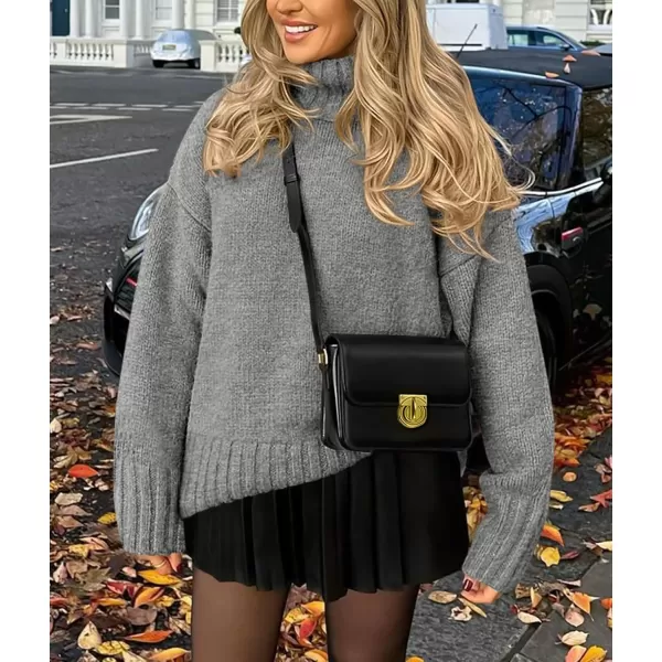 imagePRETTYGARDEN Womens Fall Clothes Pullover Oversized Sweaters Casual Long Sleeve Chunky Cable Knit Turtleneck TopsGrey