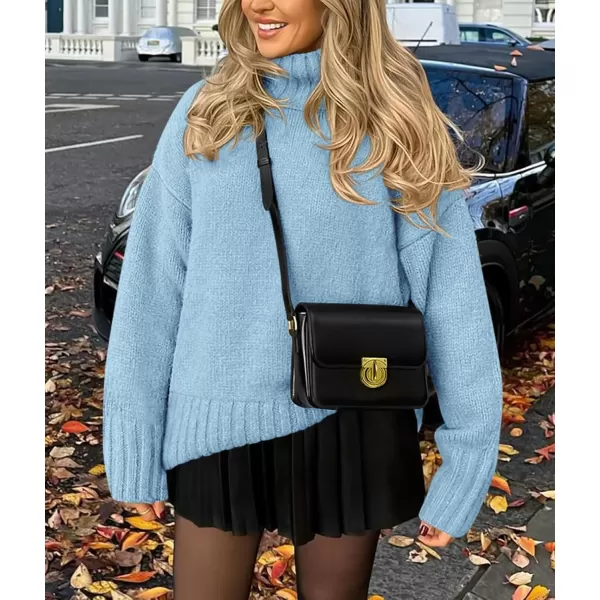 imagePRETTYGARDEN Womens Fall Clothes Pullover Oversized Sweaters Casual Long Sleeve Chunky Cable Knit Turtleneck TopsLight Blue