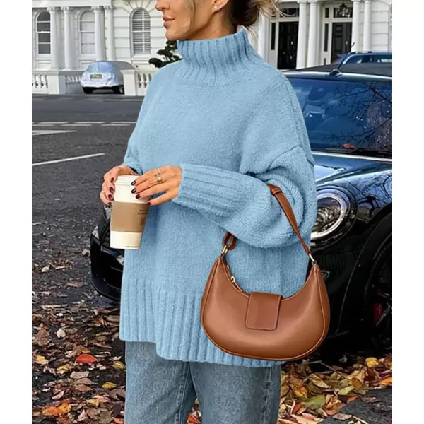 imagePRETTYGARDEN Womens Fall Clothes Pullover Oversized Sweaters Casual Long Sleeve Chunky Cable Knit Turtleneck TopsLight Blue