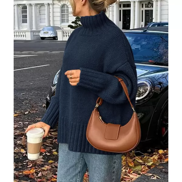 imagePRETTYGARDEN Womens Fall Clothes Pullover Oversized Sweaters Casual Long Sleeve Chunky Cable Knit Turtleneck TopsNavy