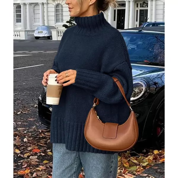 imagePRETTYGARDEN Womens Fall Clothes Pullover Oversized Sweaters Casual Long Sleeve Chunky Cable Knit Turtleneck TopsNavy