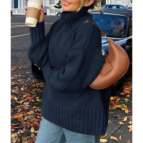 imagePRETTYGARDEN Womens Fall Clothes Pullover Oversized Sweaters Casual Long Sleeve Chunky Cable Knit Turtleneck TopsNavy