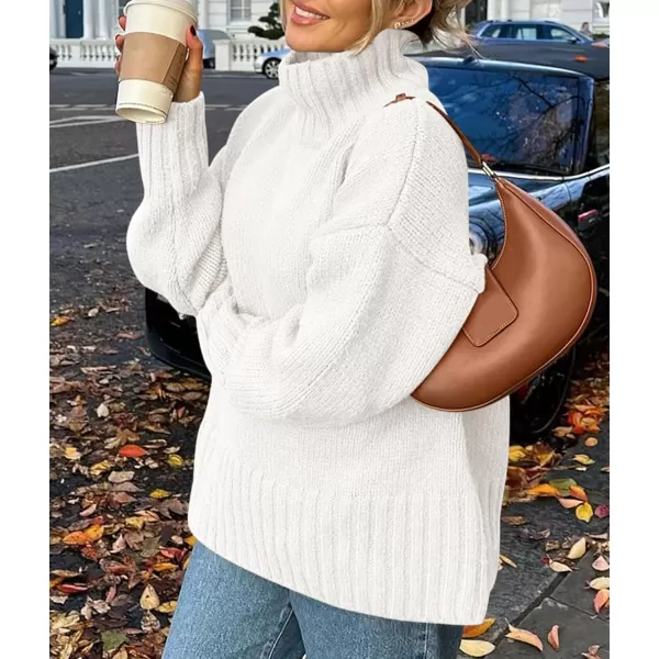 imagePRETTYGARDEN Womens Fall Clothes Pullover Oversized Sweaters Casual Long Sleeve Chunky Cable Knit Turtleneck TopsWhite
