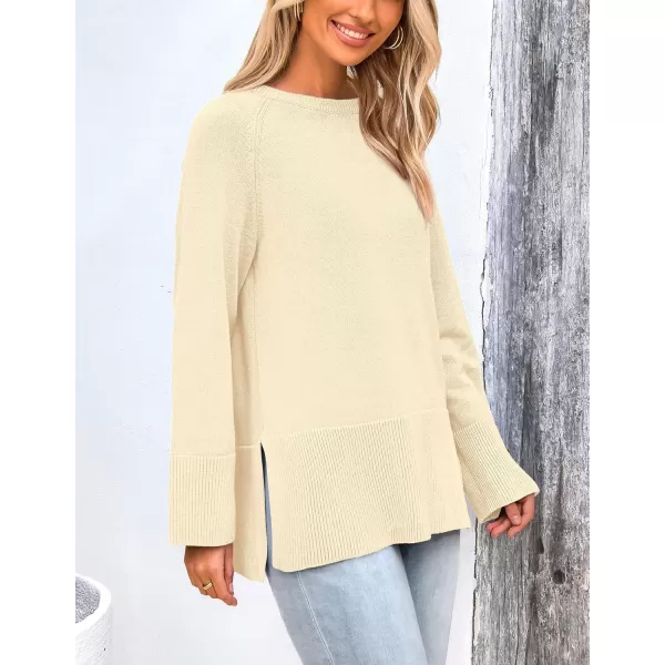 imagePRETTYGARDEN Womens Fall Knit Sweaters Long Sleeve Pullover Crewneck Split Hem Loose Oversized Tunic Sweater TopBeige