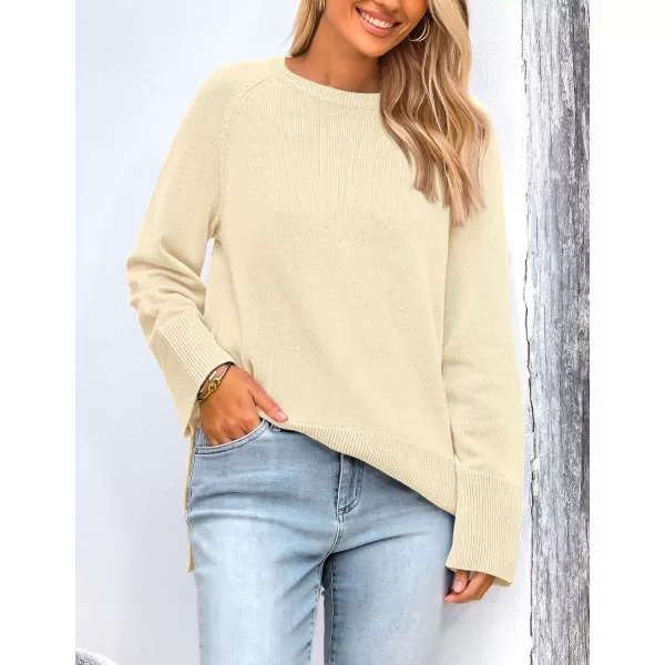 imagePRETTYGARDEN Womens Fall Knit Sweaters Long Sleeve Pullover Crewneck Split Hem Loose Oversized Tunic Sweater TopBeige