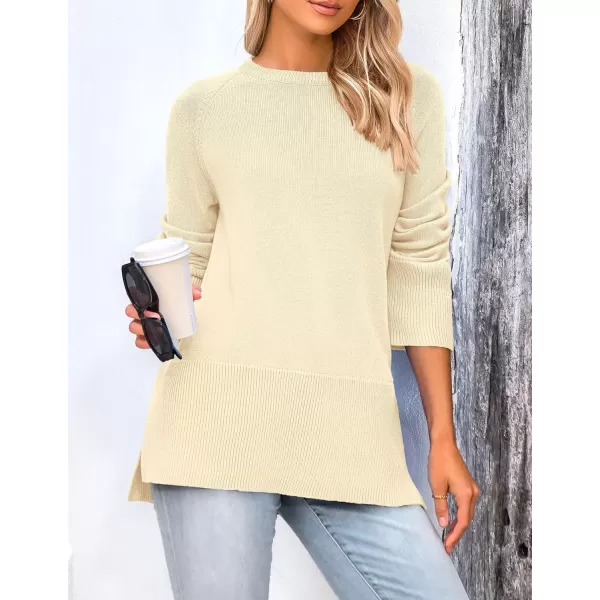 imagePRETTYGARDEN Womens Fall Knit Sweaters Long Sleeve Pullover Crewneck Split Hem Loose Oversized Tunic Sweater TopBeige