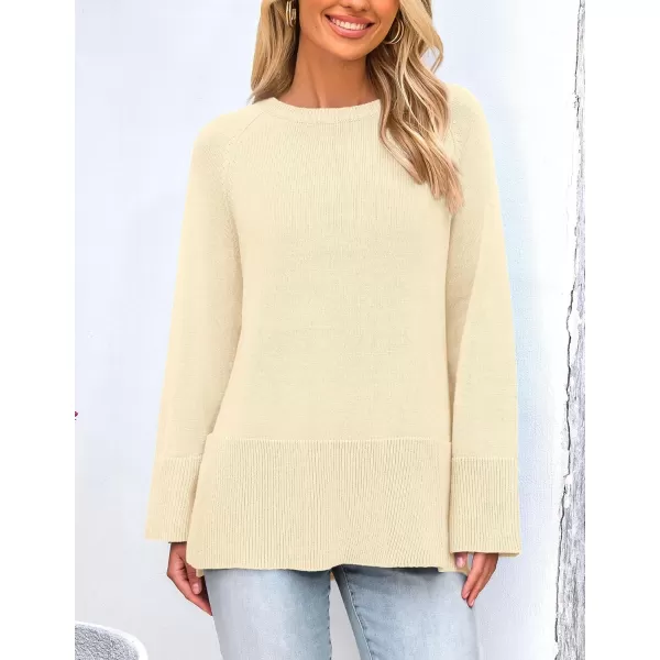 imagePRETTYGARDEN Womens Fall Knit Sweaters Long Sleeve Pullover Crewneck Split Hem Loose Oversized Tunic Sweater TopBeige