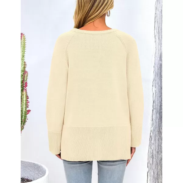 imagePRETTYGARDEN Womens Fall Knit Sweaters Long Sleeve Pullover Crewneck Split Hem Loose Oversized Tunic Sweater TopBeige