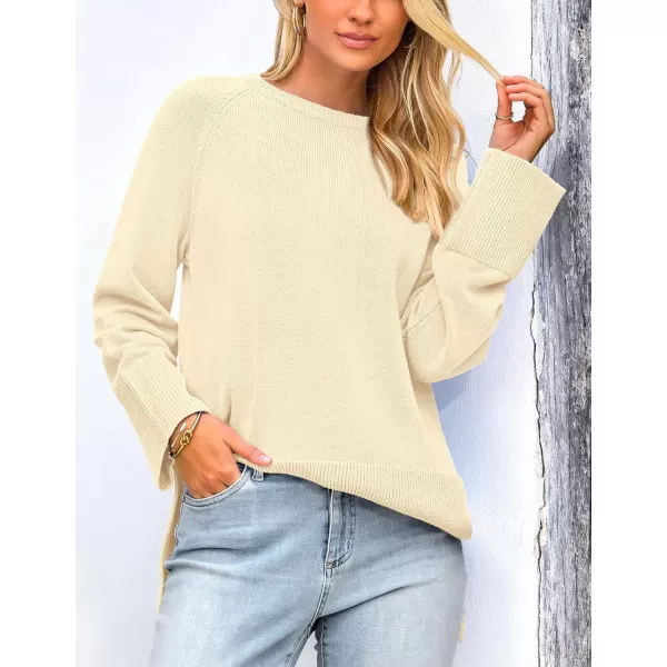 imagePRETTYGARDEN Womens Fall Knit Sweaters Long Sleeve Pullover Crewneck Split Hem Loose Oversized Tunic Sweater TopBeige