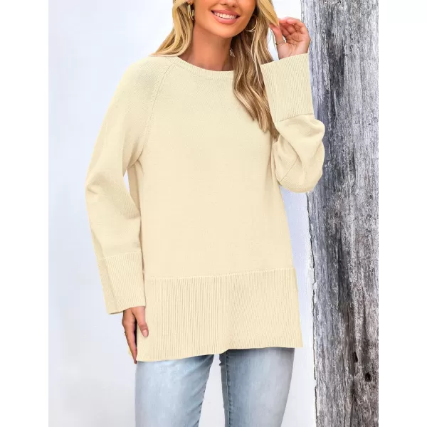 imagePRETTYGARDEN Womens Fall Knit Sweaters Long Sleeve Pullover Crewneck Split Hem Loose Oversized Tunic Sweater TopBeige