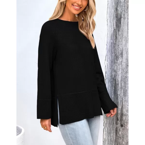 imagePRETTYGARDEN Womens Fall Knit Sweaters Long Sleeve Pullover Crewneck Split Hem Loose Oversized Tunic Sweater TopBlack